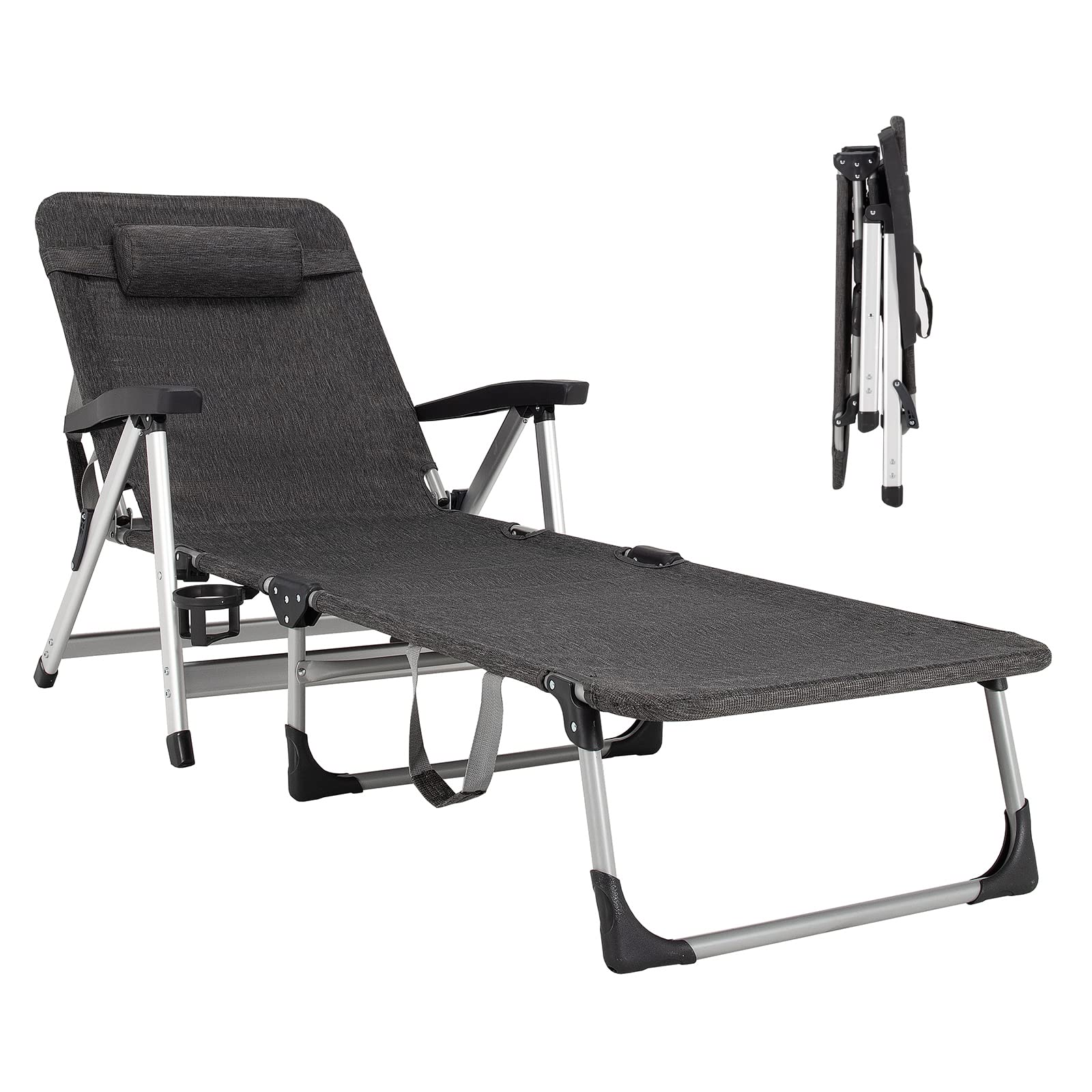 2026 Chaise Lounge Chair, Folding Outdoor Patio Lounger with Cup Holder & Detachable Headrest