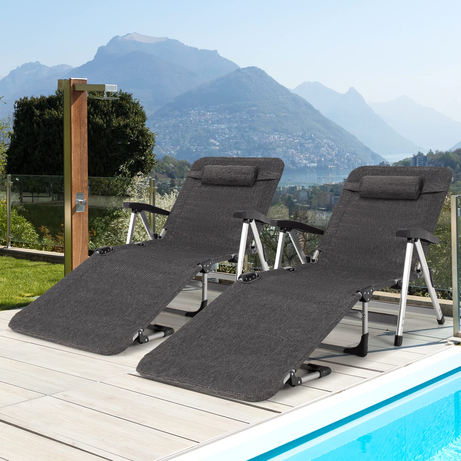 2026 Chaise Lounge Chair, Folding Outdoor Patio Lounger with Cup Holder & Detachable Headrest