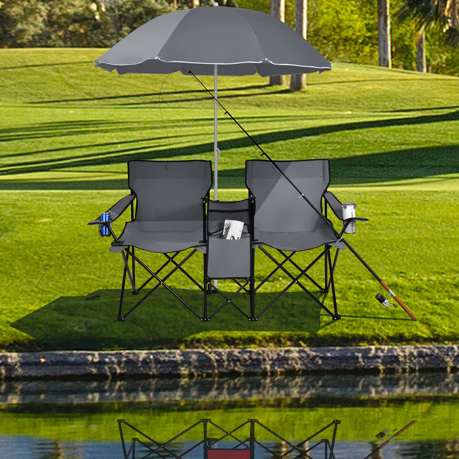 2026 Double Folding Picnic Chairs Umbrella Mini Table Beverage Holder Carrying Bag