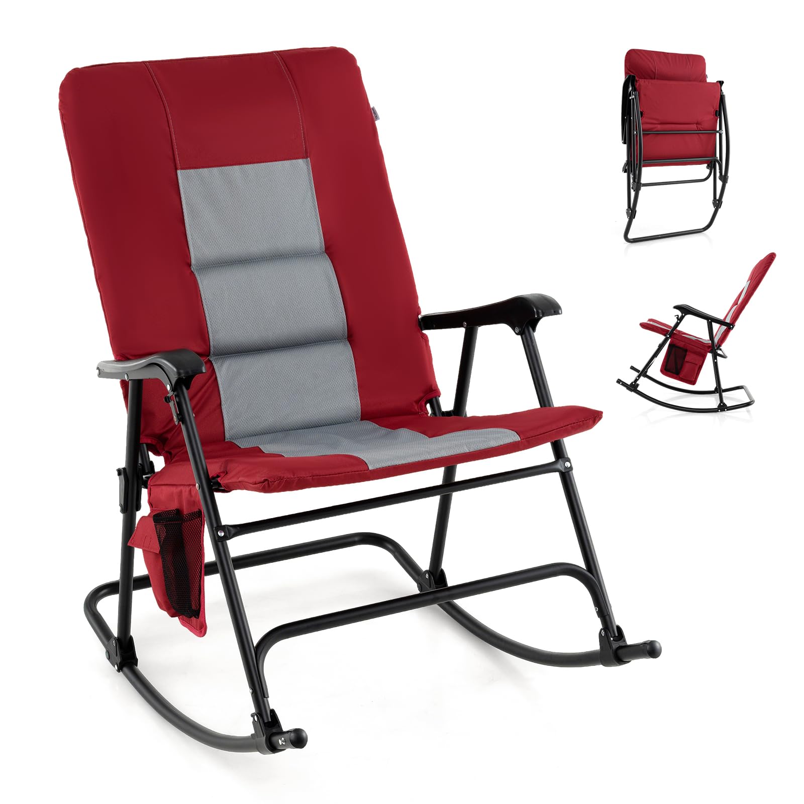 2026 Oversized Folding Rocking Chair, Padded Patio Lounge Rocker w/Metal Frame, Armrests, Side Pocket