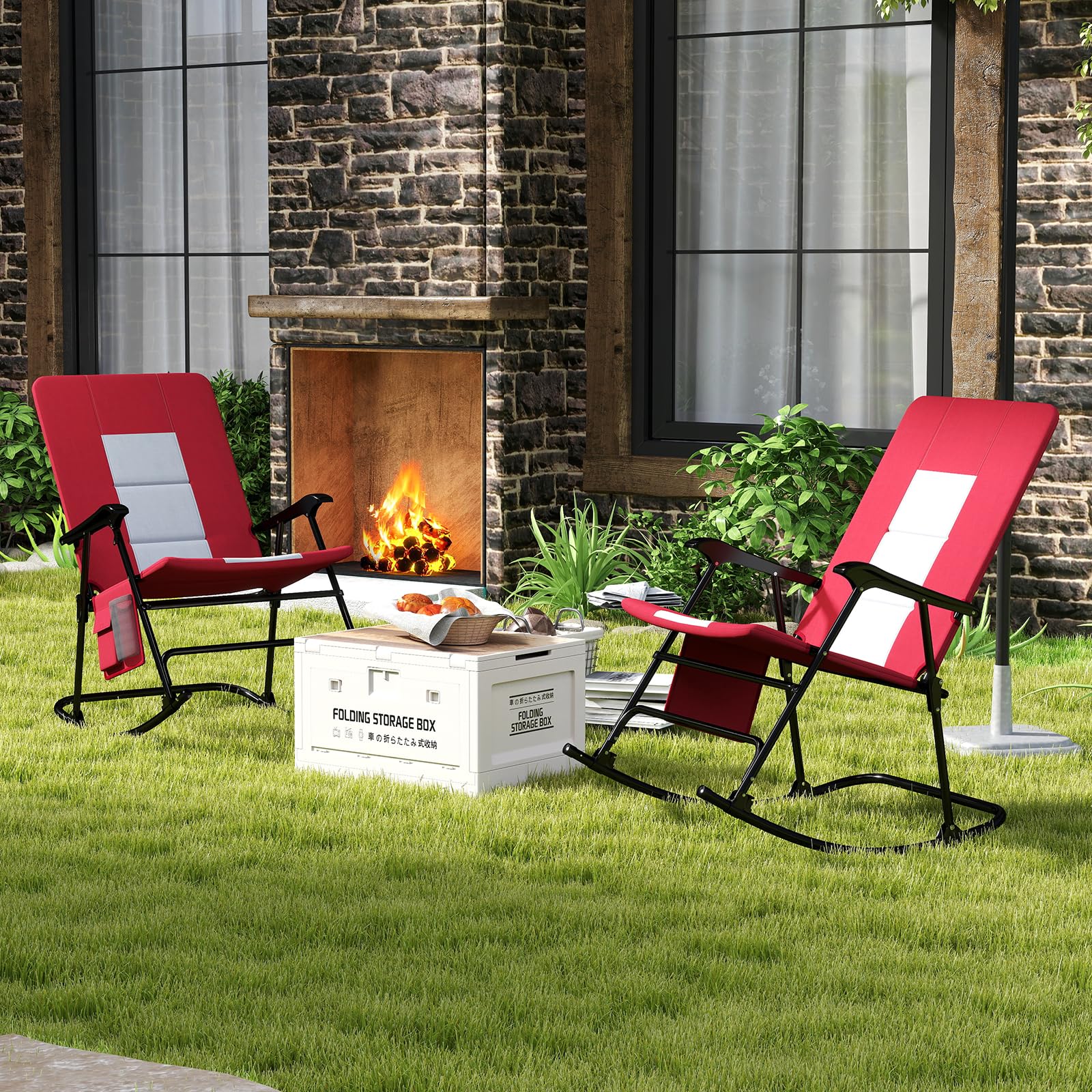 2026 Oversized Folding Rocking Chair, Padded Patio Lounge Rocker w/Metal Frame, Armrests, Side Pocket