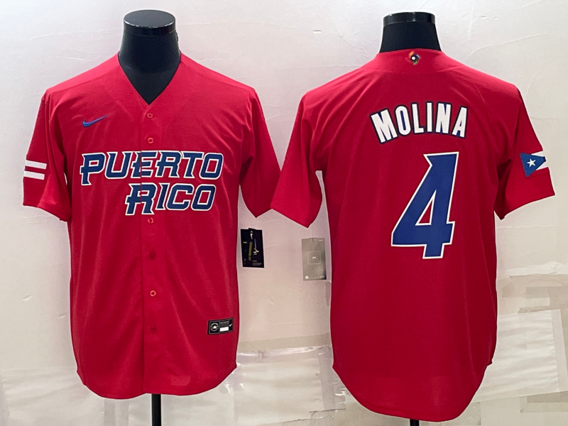 Men's 2023 World Baseball Classic #4 Yadier Molina Puerto Rico Red Jersey