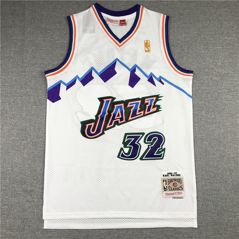 Men's Utah Jazz Karl Malone White 1996-97 Hardwood Classics Swingman Jersey