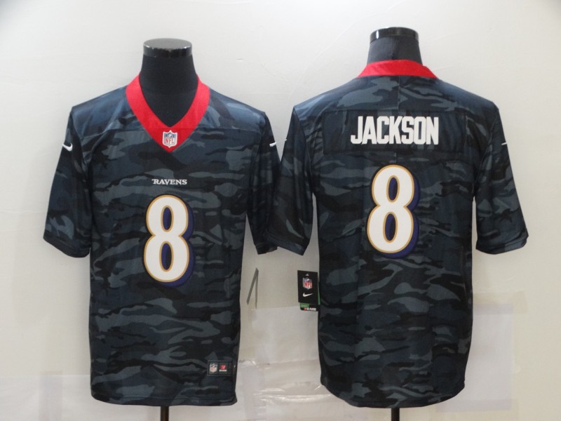 Men's Baltimore Ravens Lamar Jackson #8 Gray Camouflage Game Jersey