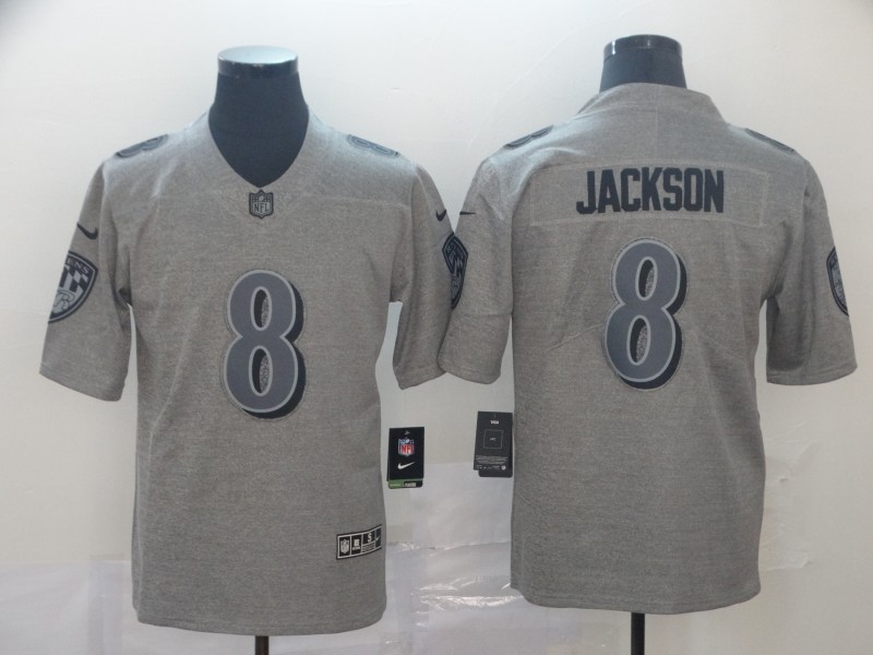 Men's Baltimore Ravens Lamar Jackson #8 Gray Game Jersey