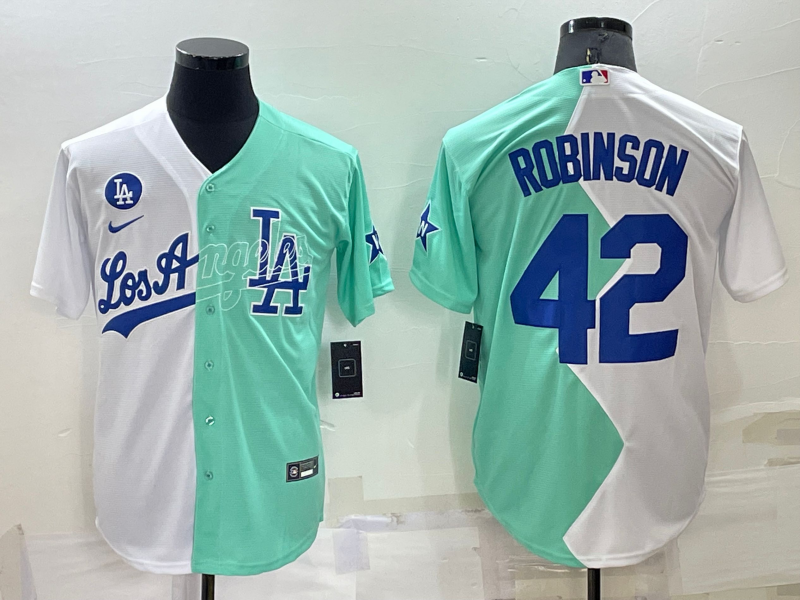 Men's Los Angeles Dodgers Jackie Robinson #42 White/Green Replica Baseball Jersey