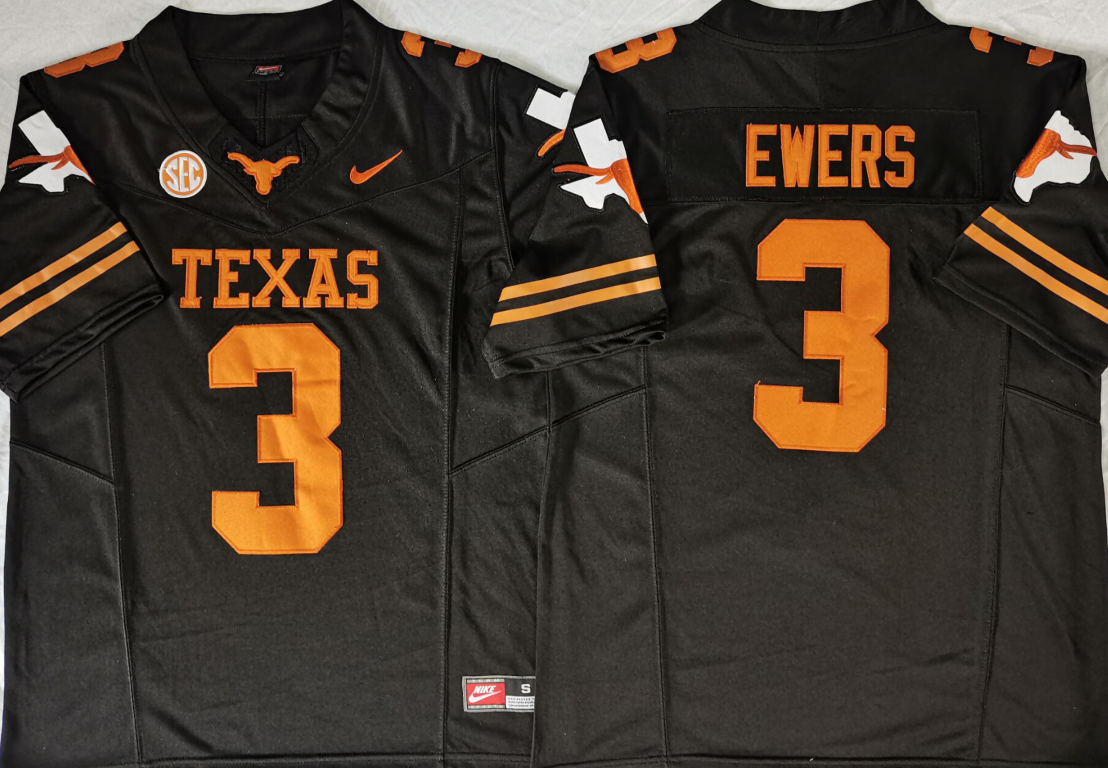 Men's Texas Longhorns Quinn Ewers #3 Black Player Game Jersey