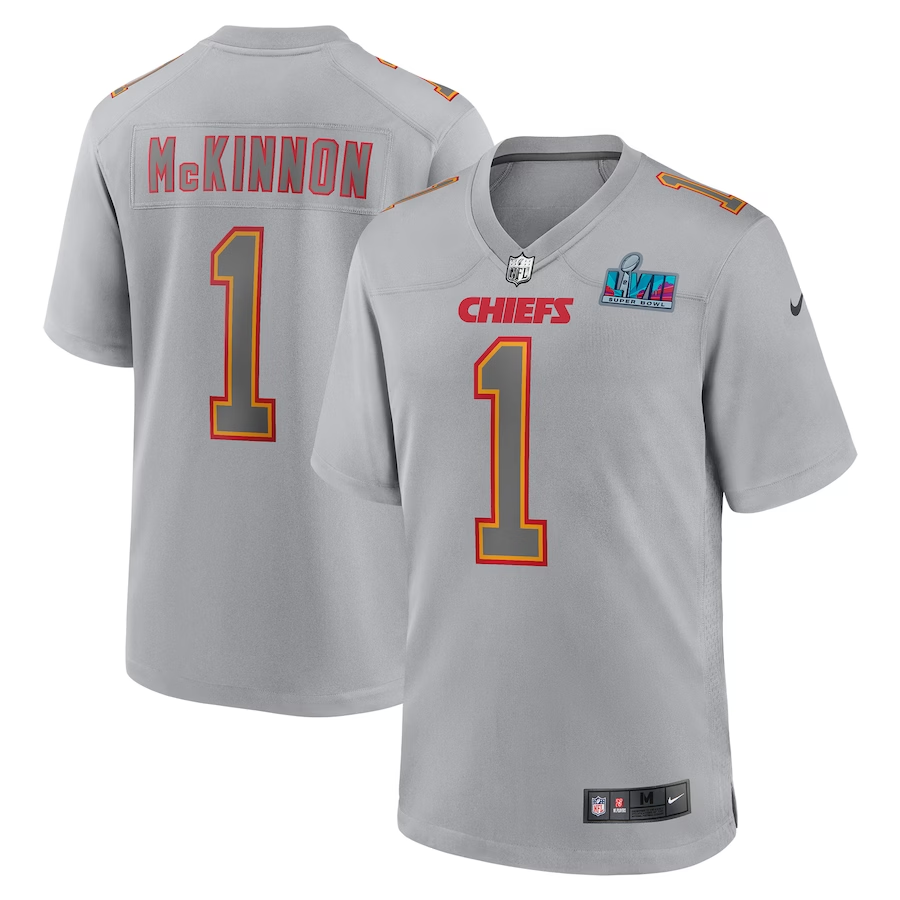 Men's Kansas City Chiefs Jerick McKinnon #1 Gray Super Bowl LVII Patch Atmosphere Fashion Game Jersey