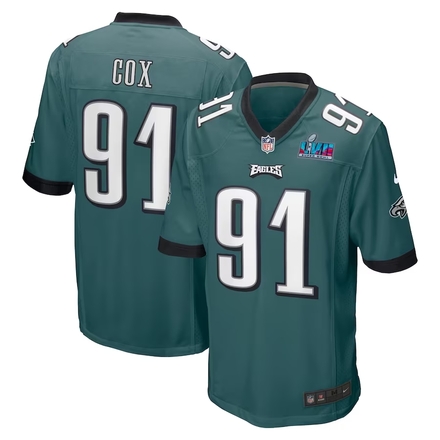 Men's Philadelphia Eagles Fletcher Cox #91 Midnight Green Super Bowl LVII Patch Game Jersey