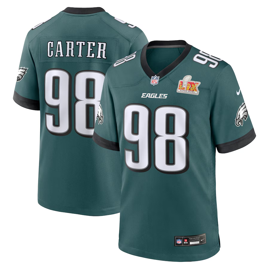 Men's Philadelphia Eagles Jalen Carter #98 Midnight Green Super Bowl LIX Game Player Jersey