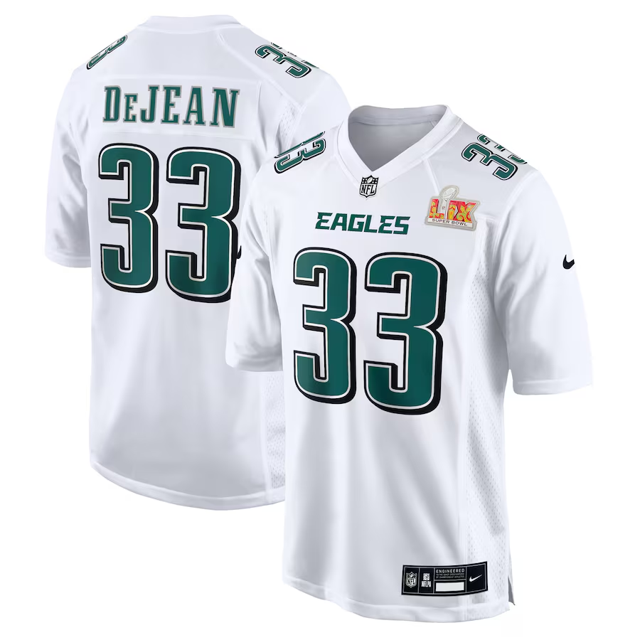 Men's Philadelphia Eagles Cooper DeJean #33 Tundra White Super Bowl LIX Fashion Game Jersey