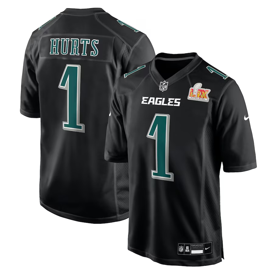 Men's Philadelphia Eagles Jalen Hurts #1 Carbon Black Super Bowl LIX Fashion Game Player Jersey