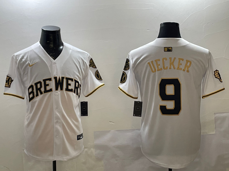 Men's Milwaukee Brewers Bob Uecker #9 White Replica Team Jersey