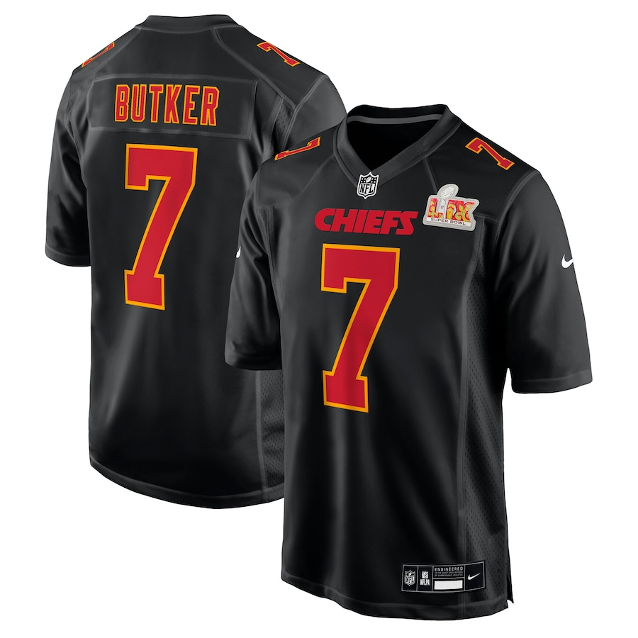 Men's Kansas City Chiefs Harrison Butker #7 Carbon Black Super Bowl LIX Fashion Game Jersey