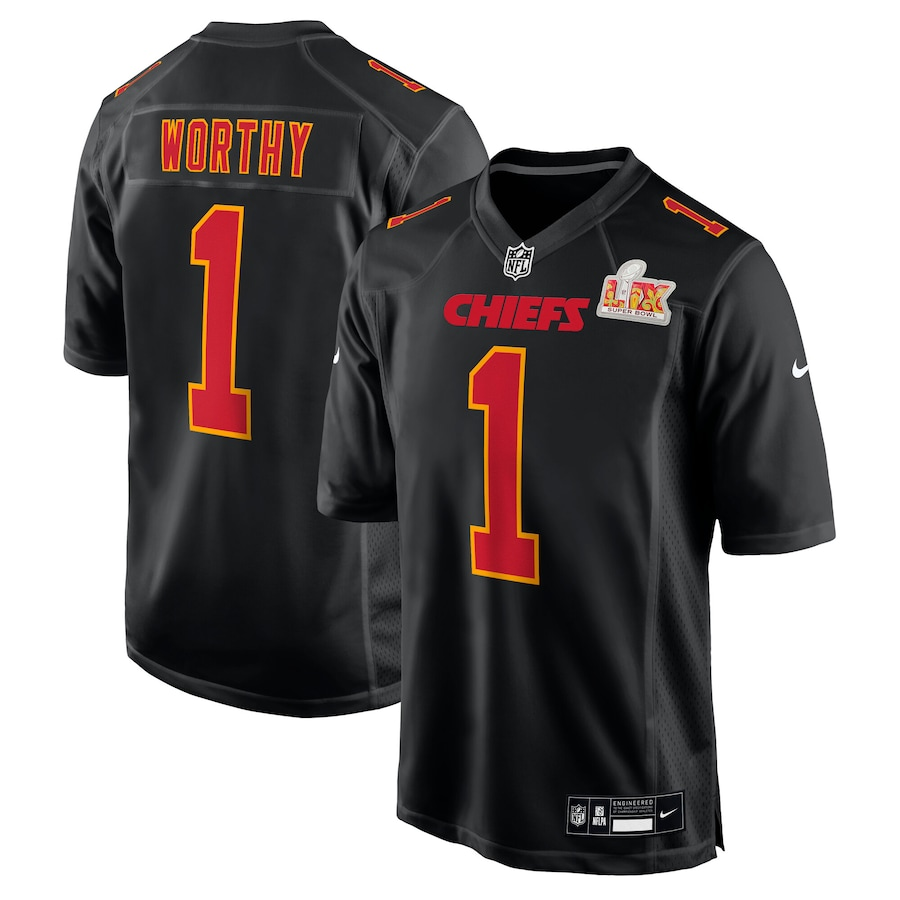 Men's Kansas City Chiefs Xavier Worthy #1 Carbon Black Super Bowl LIX Fashion Game Jersey