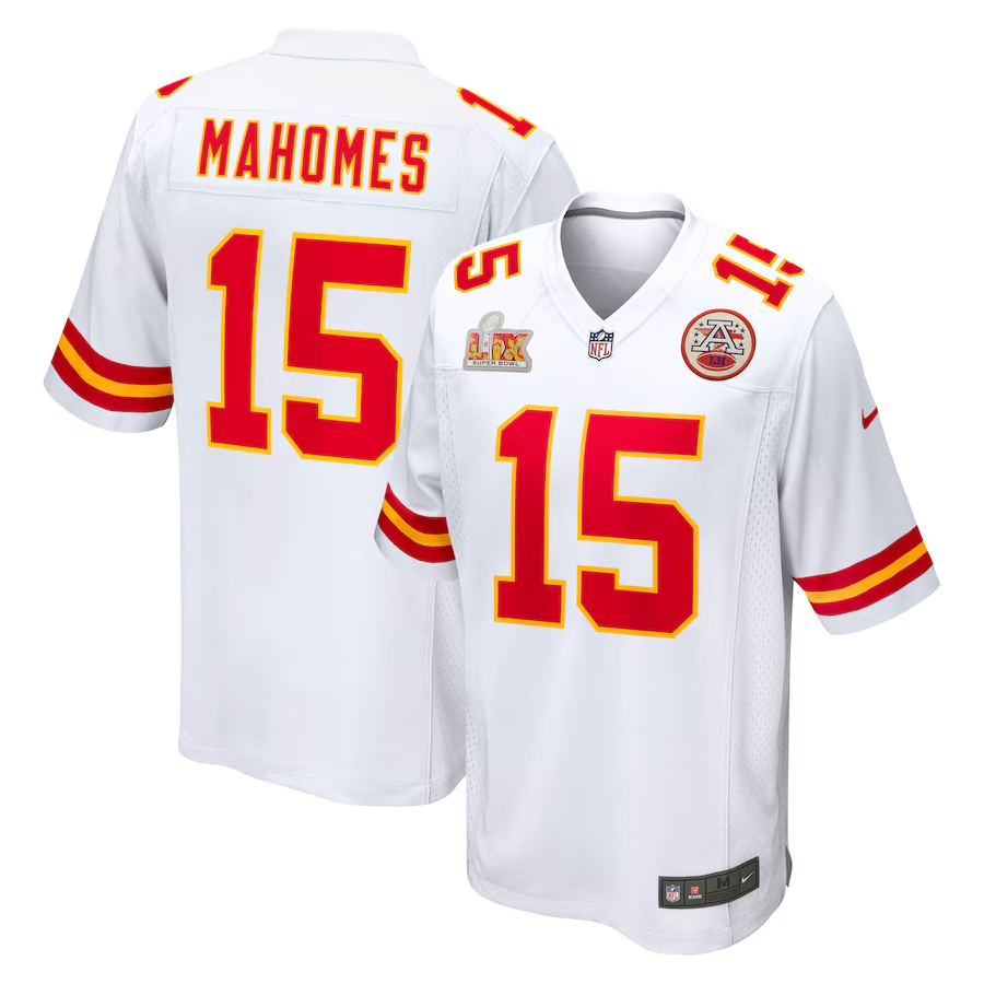 Men's Kansas City Chiefs Patrick Mahomes #15 White Super Bowl LIX Game Jersey