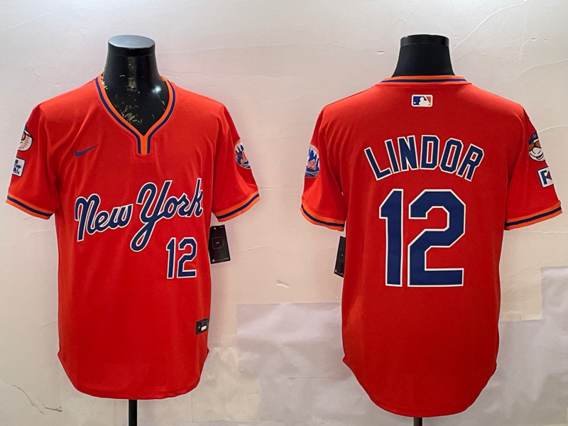 Men's New York Mets Francisco Lindor #12 Orange Replica Player Jersey