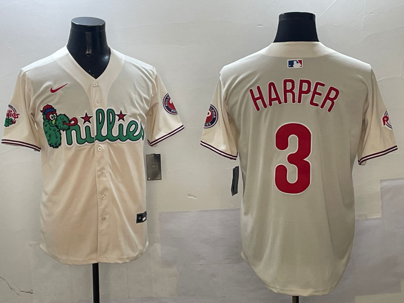 Men's Philadelphia Phillies Bryce Harper #3 Cream Replica Player Jersey