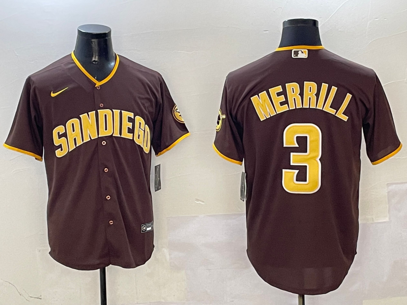 Men's San Diego Padres Jackson Merrill #3 Brown Replica Player Jersey