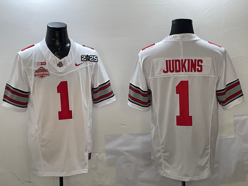 Men's Ohio State Buckeyes Quinshon Judkins #1 White 2025 CFP Final National Champions Patch F.U.S.E. Jersey