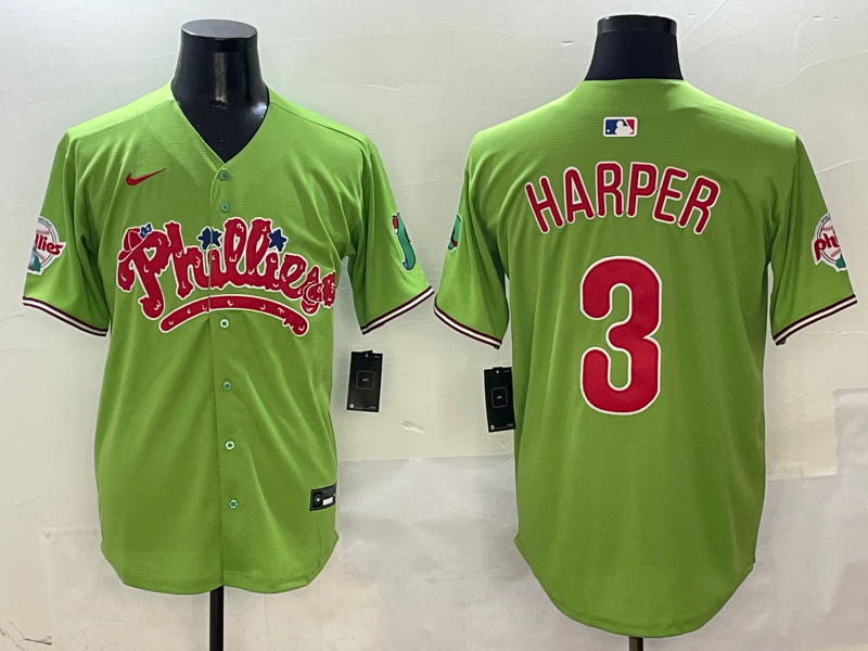 Men's Philadelphia Phillies Bryce Harper #3 Green Game Jersey