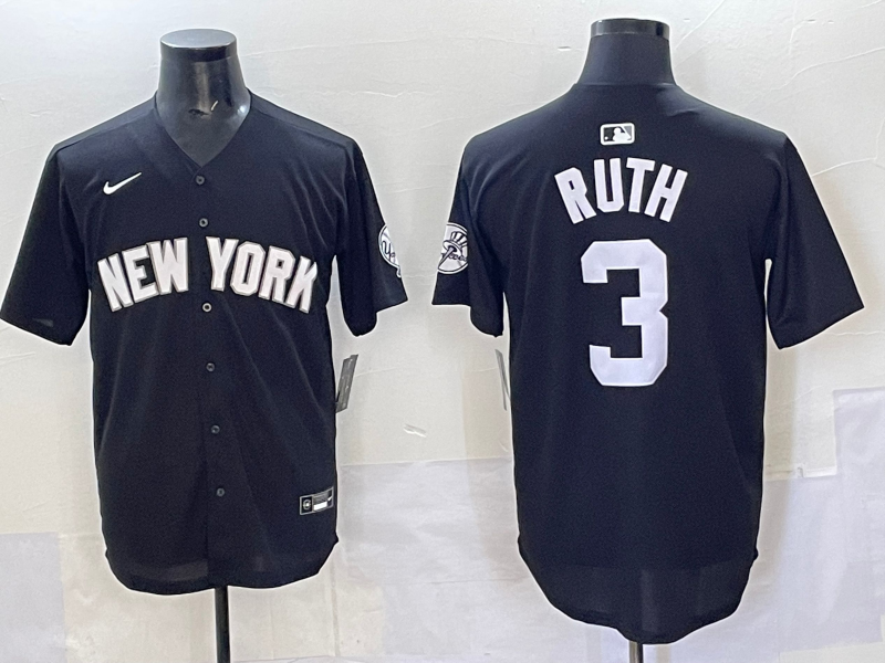 Men's New York Yankees Babe Ruth #3 Black Lights Out Replica Player Jersey