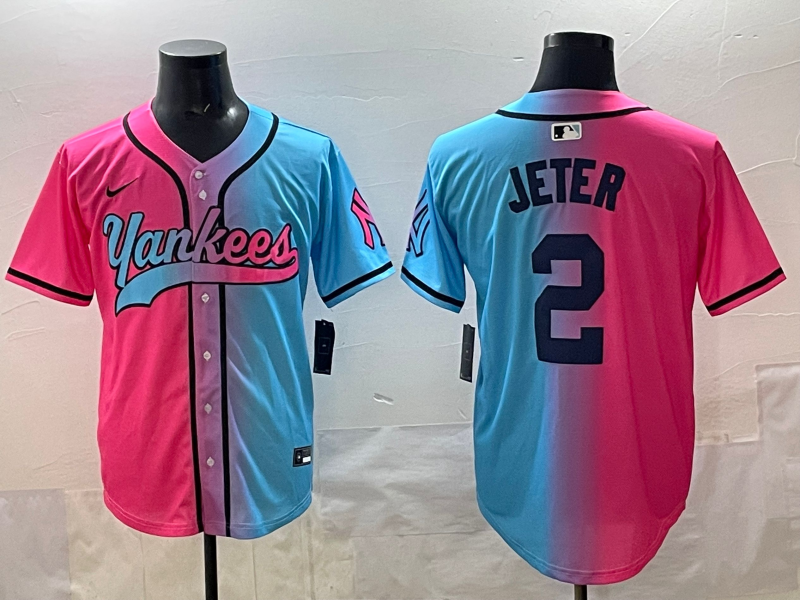 Men's New York Yankees Derek Jeter #2 Pink/Blue Player Jersey