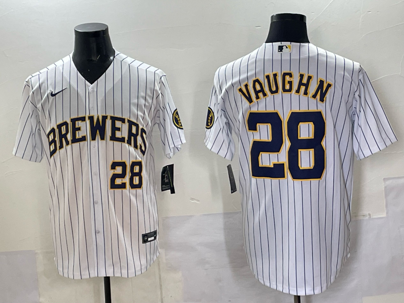 Men's Milwaukee Brewers Andrew Vaughn #28 White Replica Player Jersey