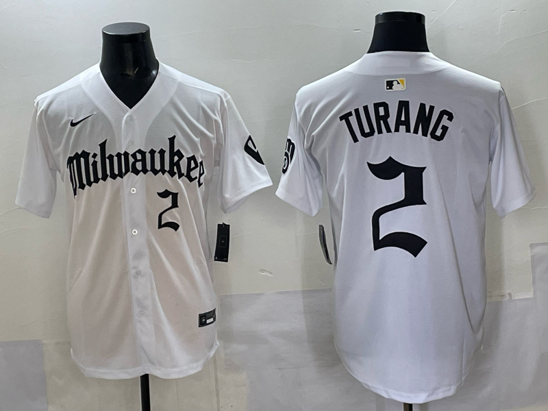 Men's Milwaukee Brewers Brice Turang #2 White Replica Player Jersey