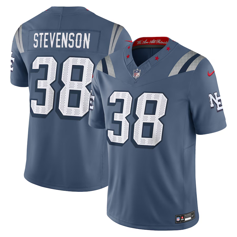 Men's New England Patriots Rhamondre Stevenson #38 Storm Blue 2025 Rivalries Collection Limited Jersey
