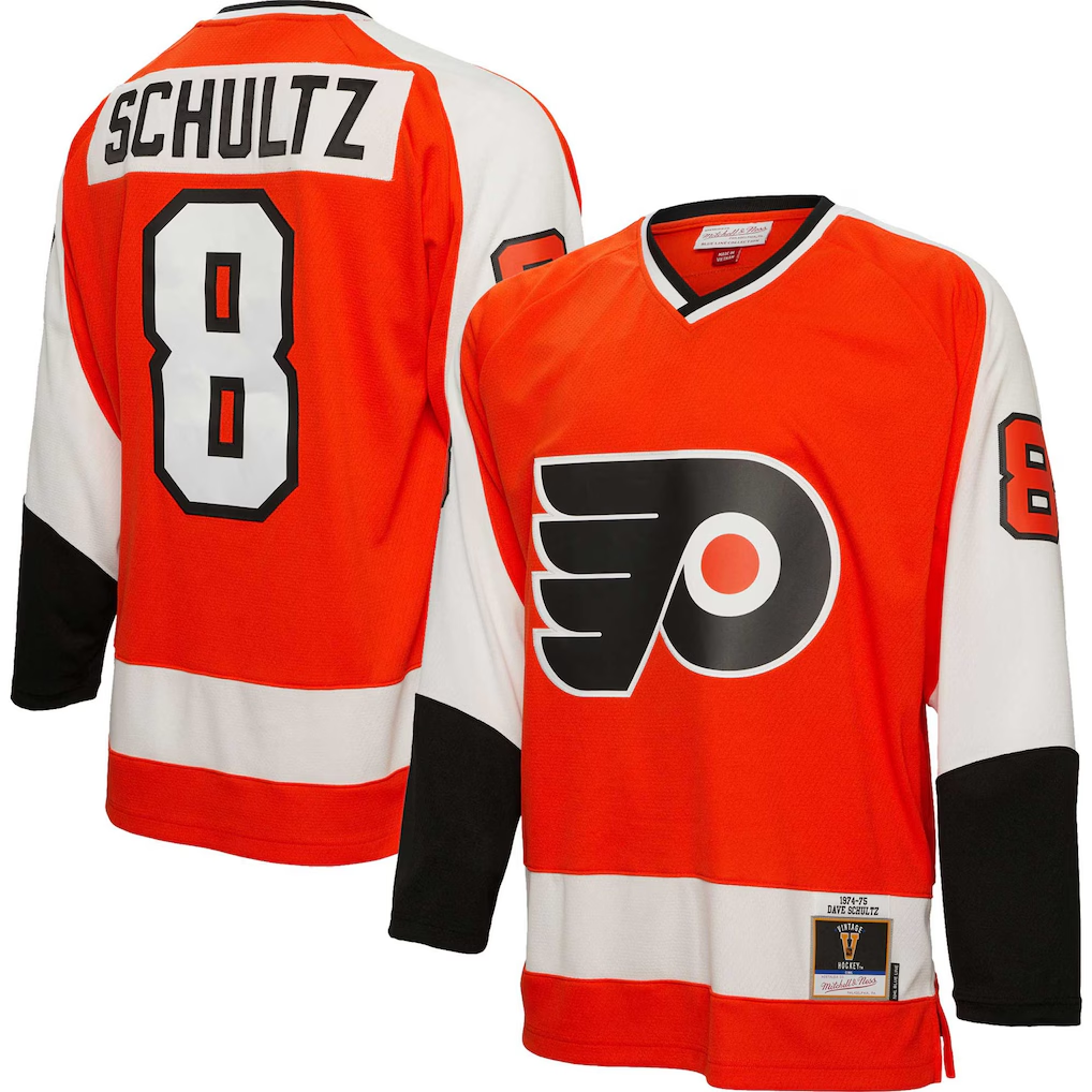 Men's Philadelphia Flyers Dave Schultz #8 Mitchell & Ness Orange 1974/75 Blue Line Player Jersey