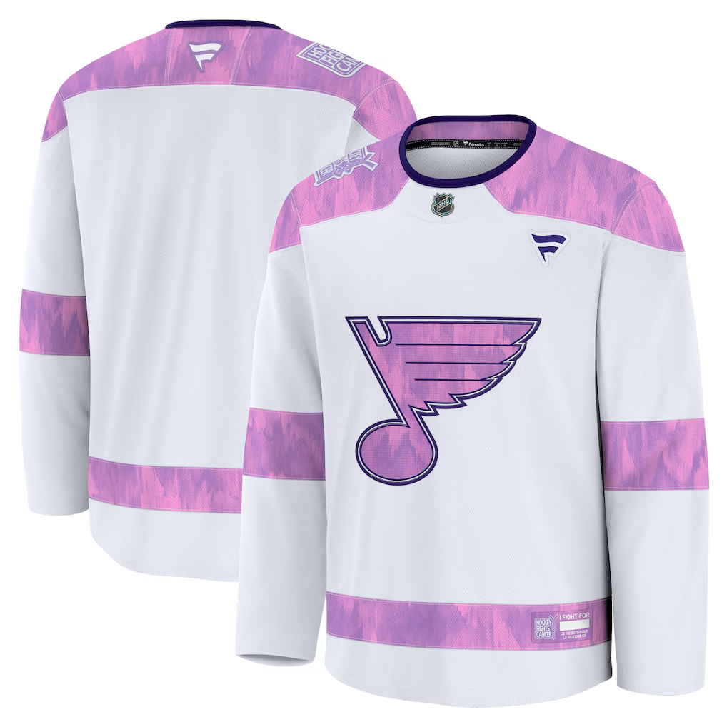 Men's St. Louis Blues Fanatics White Purple 2024 Hockey Fights Cancer Practice Blank Jersey