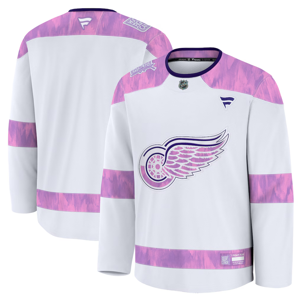 Men's Detroit Red Wings Fanatics White Purple 2024 Hockey Fights Cancer Practice Blank Jersey