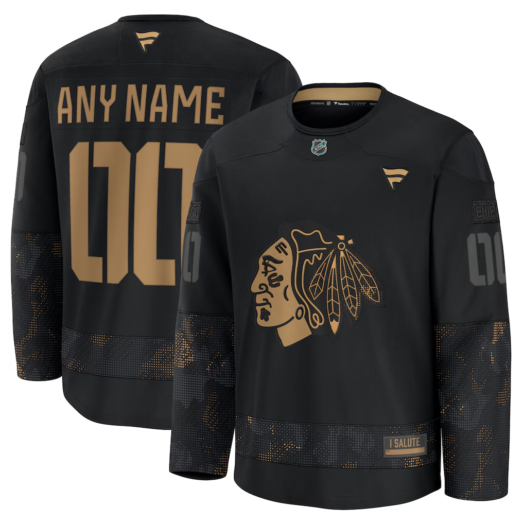 Men's Chicago Blackhawks Fanatics Black 2024 Military Appreciation Practice Custom Jersey
