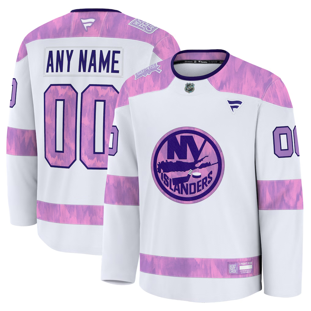 Men's New York Islanders Fanatics White Purple 2024 Hockey Fights Cancer Practice Custom Jersey
