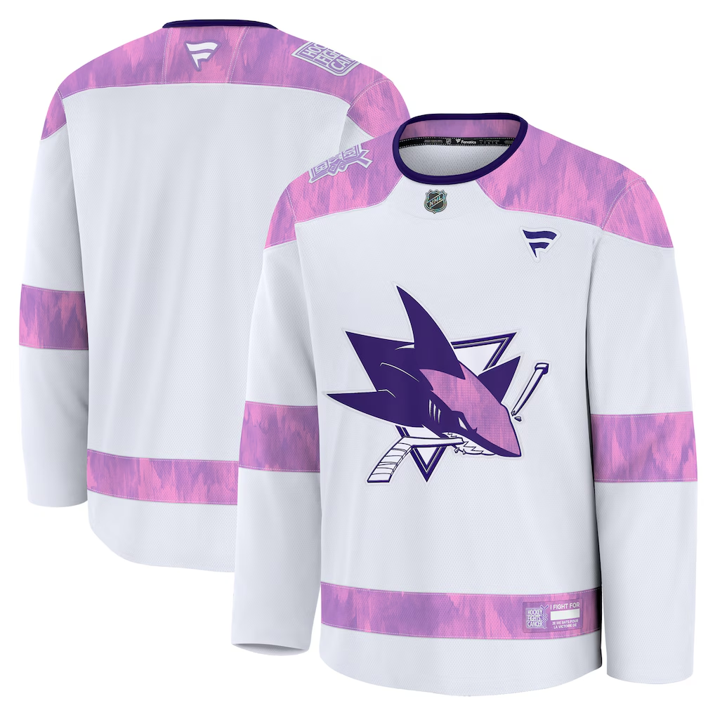 Men's San Jose Sharks Fanatics White Purple 2024 Hockey Fights Cancer Practice Blank Jersey