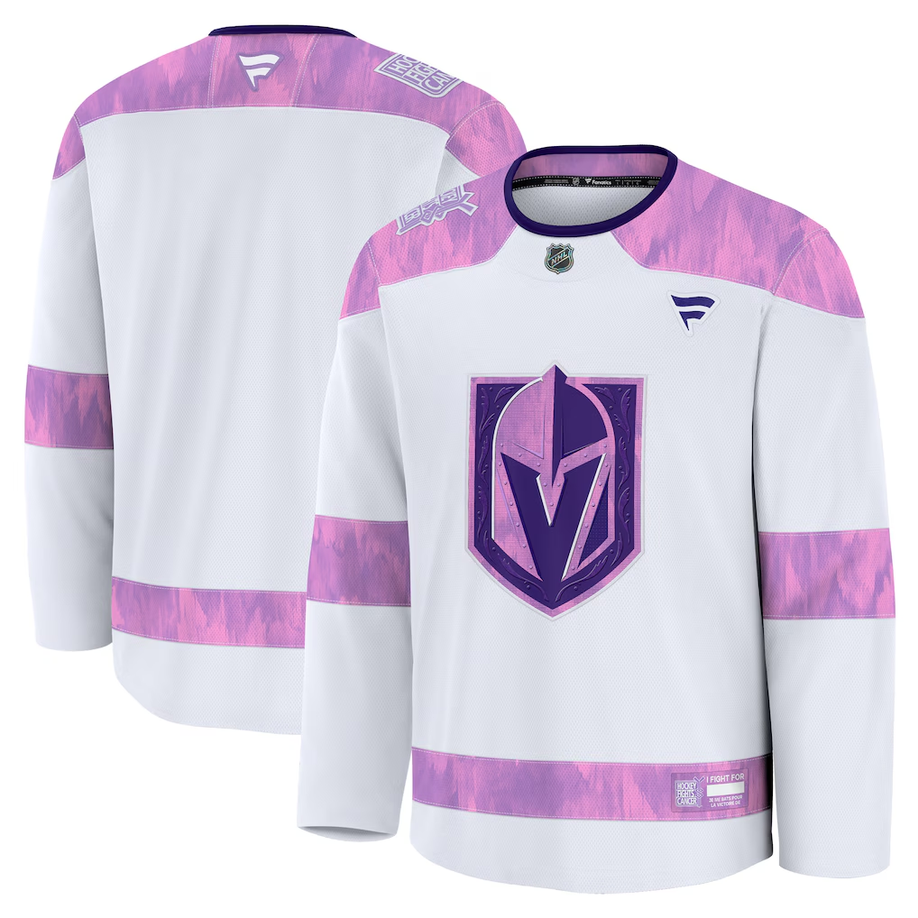 Men's Vegas Golden Knights Fanatics White Purple 2024 Hockey Fights Cancer Practice Blank Jersey