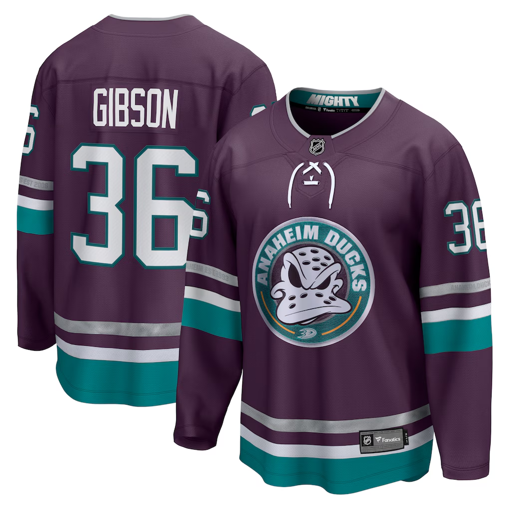 Men's Anaheim Ducks John Gibson #36 Fanatics Purple 30th Anniversary Commemorative Jersey
