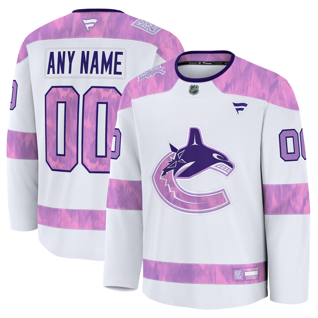 Men's Vancouver Canucks Fanatics White Purple 2024 Hockey Fights Cancer Practice Custom Jersey