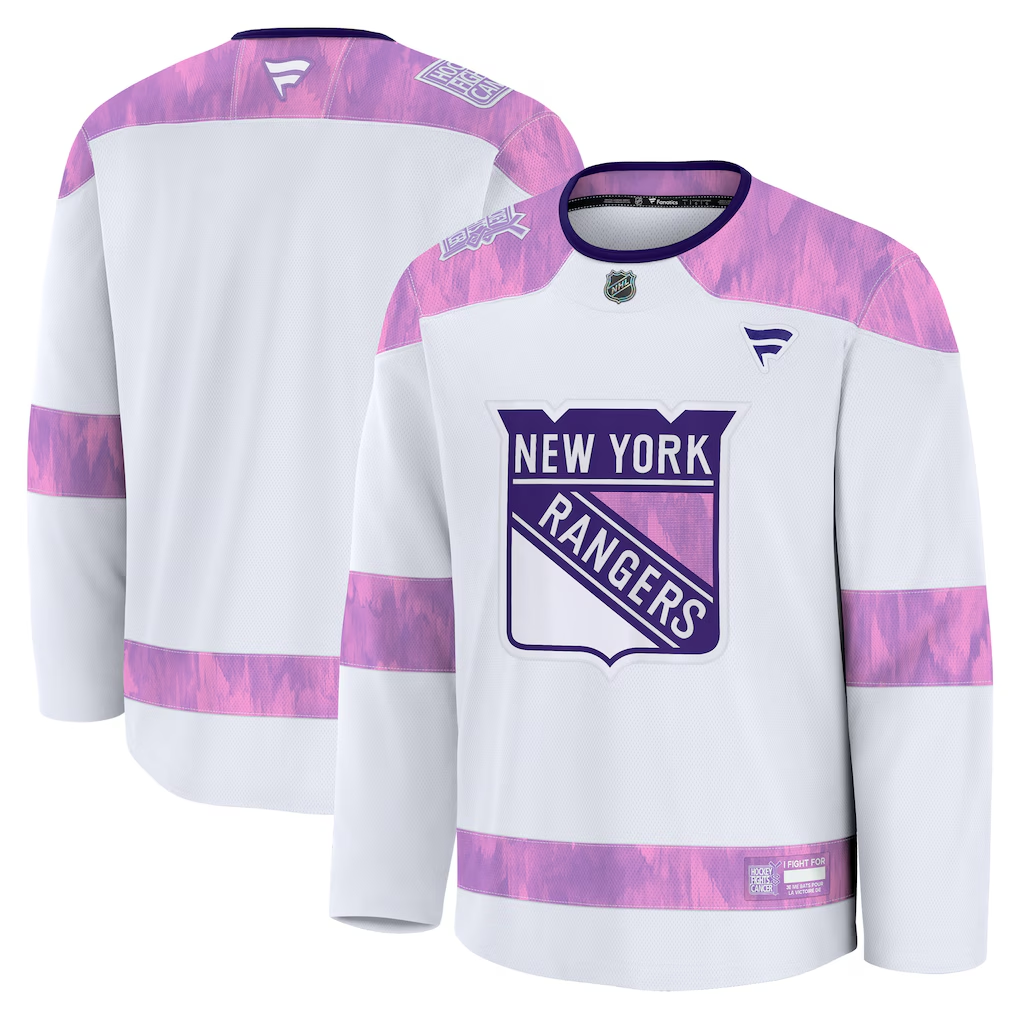 Men's New York Rangers Fanatics White Purple 2024 Hockey Fights Cancer Practice Blank Jersey