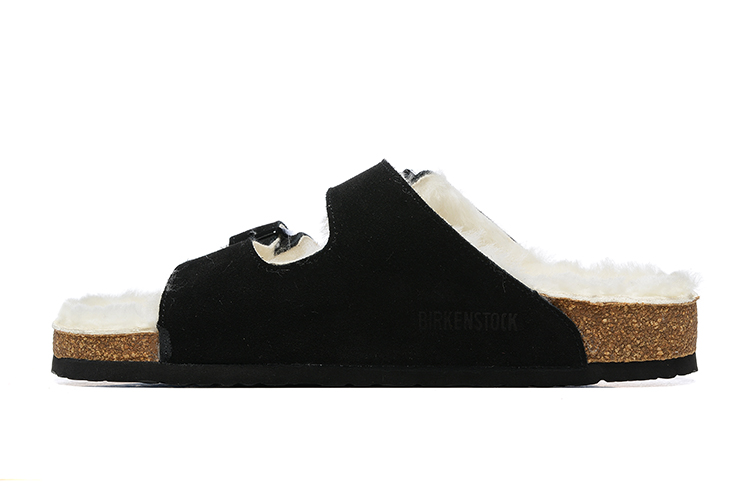 Birkenstock Two-Button Black Scrub Leather White Fur Lining Slippers