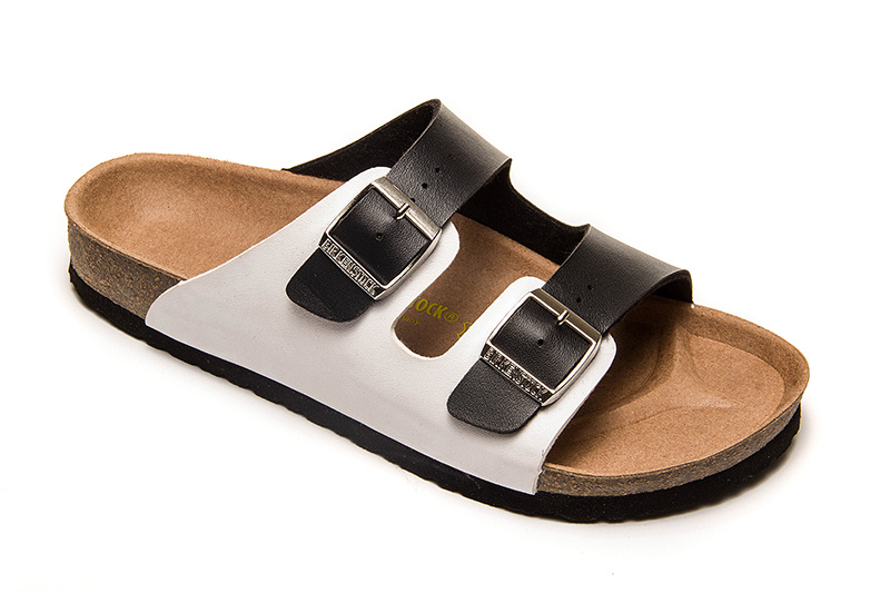 Birkenstock Two-Button Black And White Matte Leather Slippers