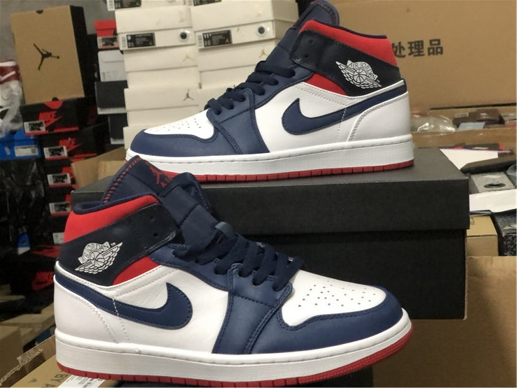 Nike Air Jordan 1 Mid SE USA Olympic White Navy Blue Red Sneakers