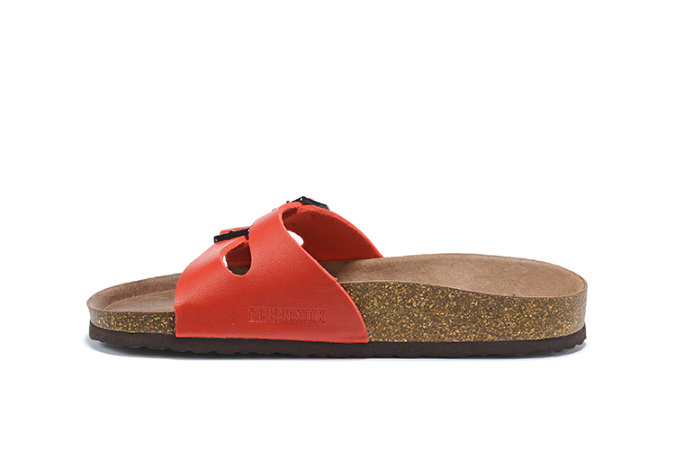 Birkenstock Two Buckle Thin Belt Red Matte Leather Slippers