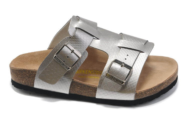 Birkenstock Two-Button Silver Snakeskin Personality Matte Leather Slippers