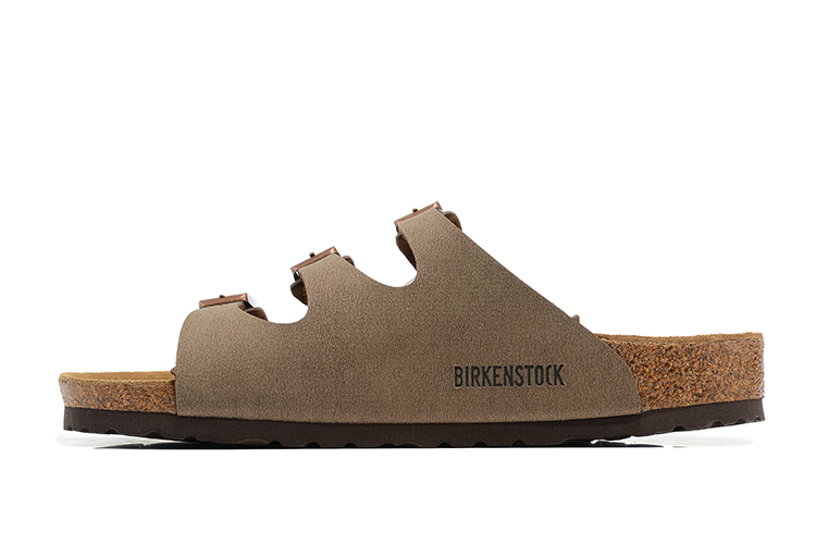 Birkenstock Three-Button Brown Scrub Leather Sandals