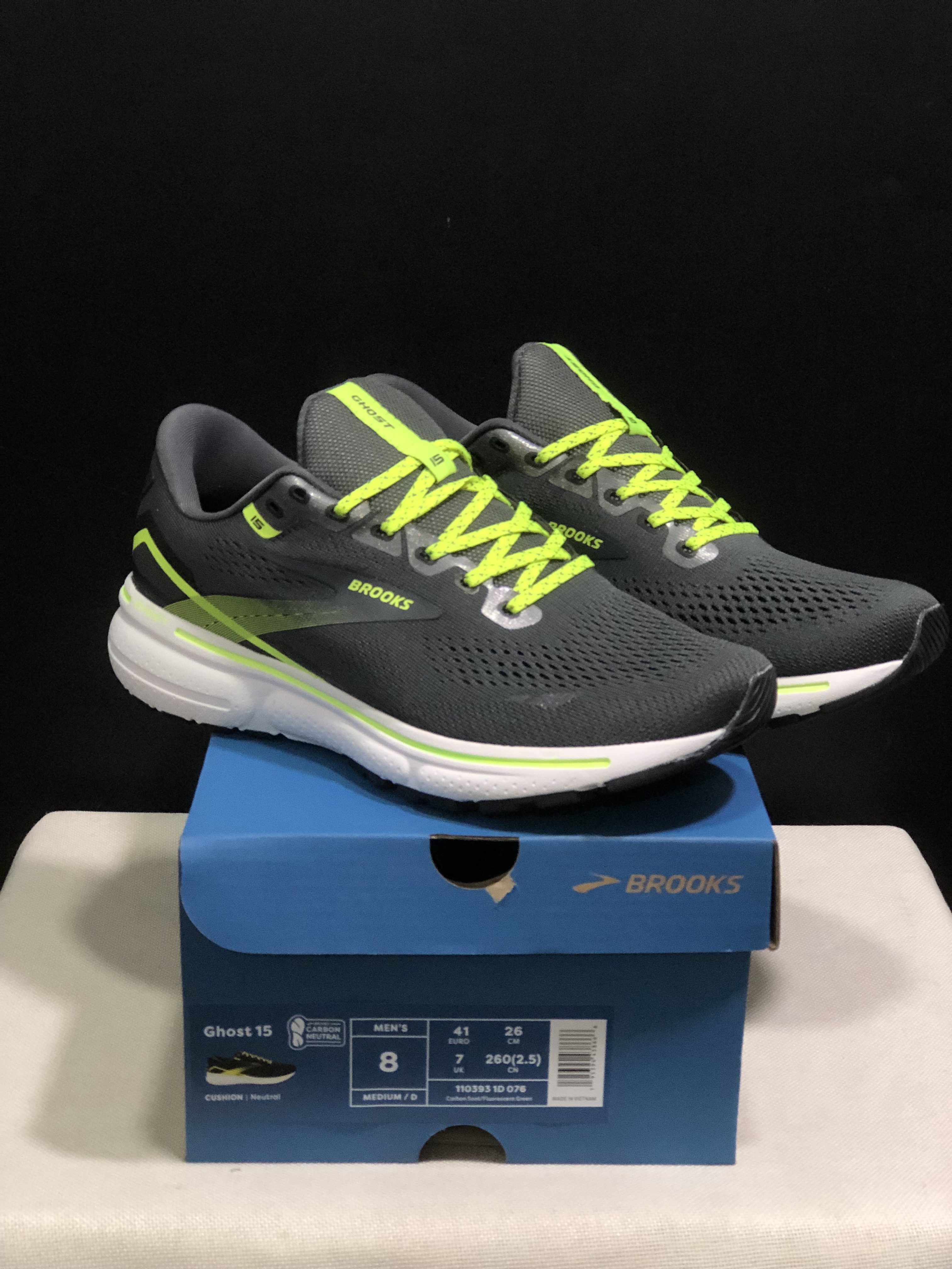 Brooks Ghost 15 Shock-absorbing Wear-resistant Low-top Running Shoes Carbon Soot/FluoreScent Green