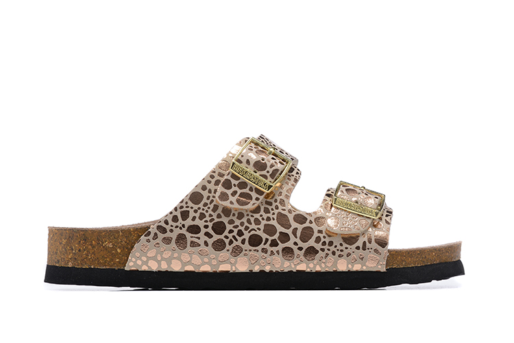 Birkenstock Two-Button Rose Gold Metal Stone Matte Leather Slippers