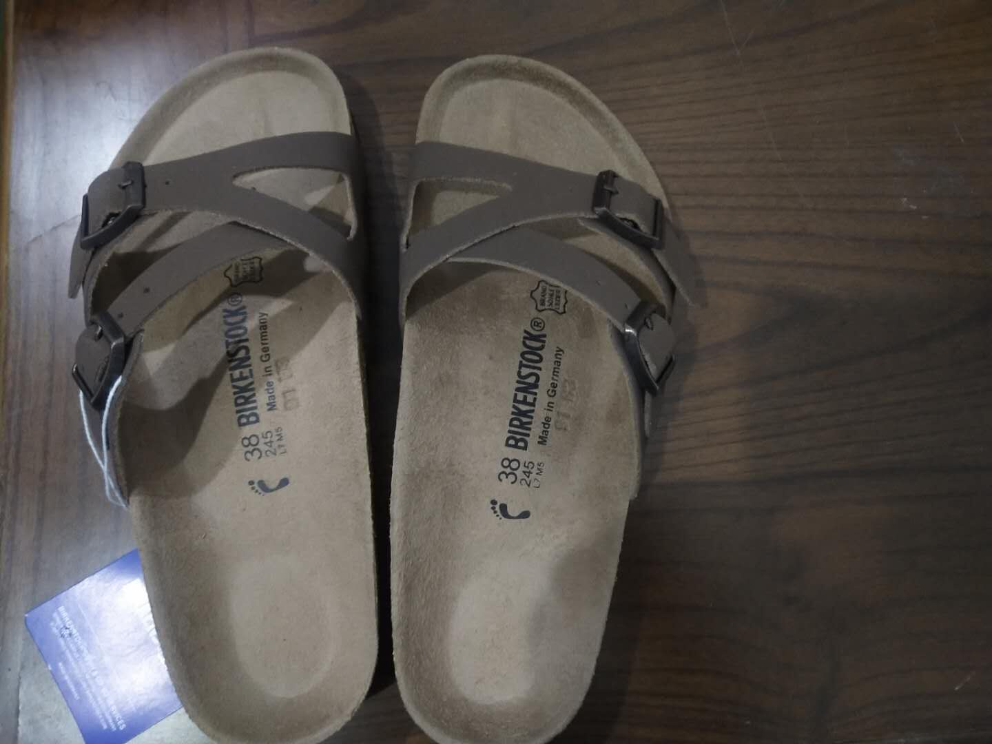 Birkenstock Two-Button Brown Scrub Intersect Leather Slippers