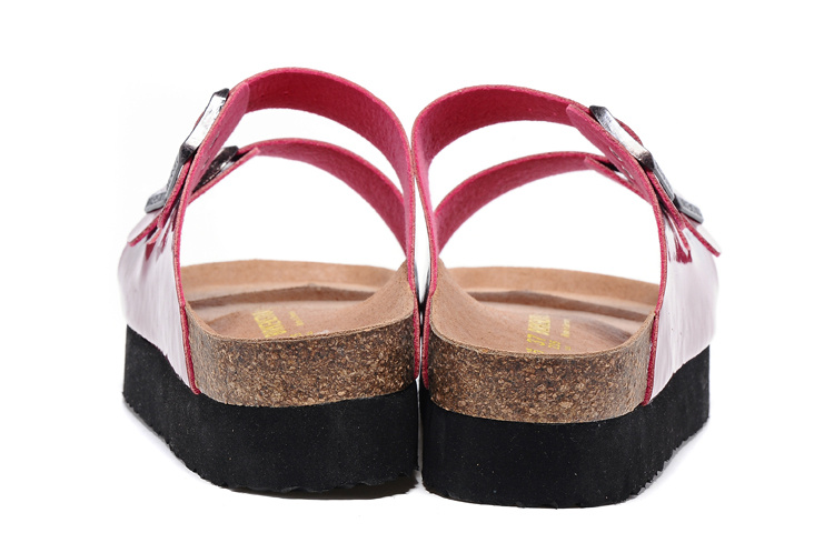 Birkenstock Two-Button Red Patent Leather Thick Black Sole Slippers